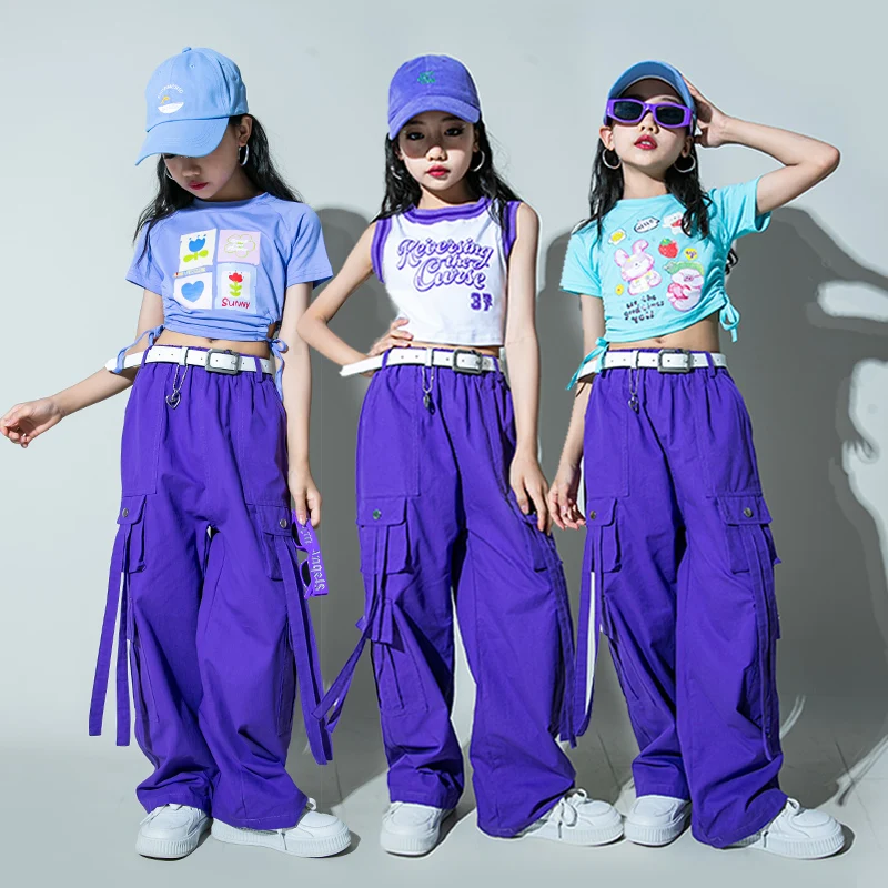 Girls Streetwear Jazz Clothing Crop Tank Tops Vshirt Purple Hip Hop Joggers Pants for Teenage Show Dance Costume Kids Clothes