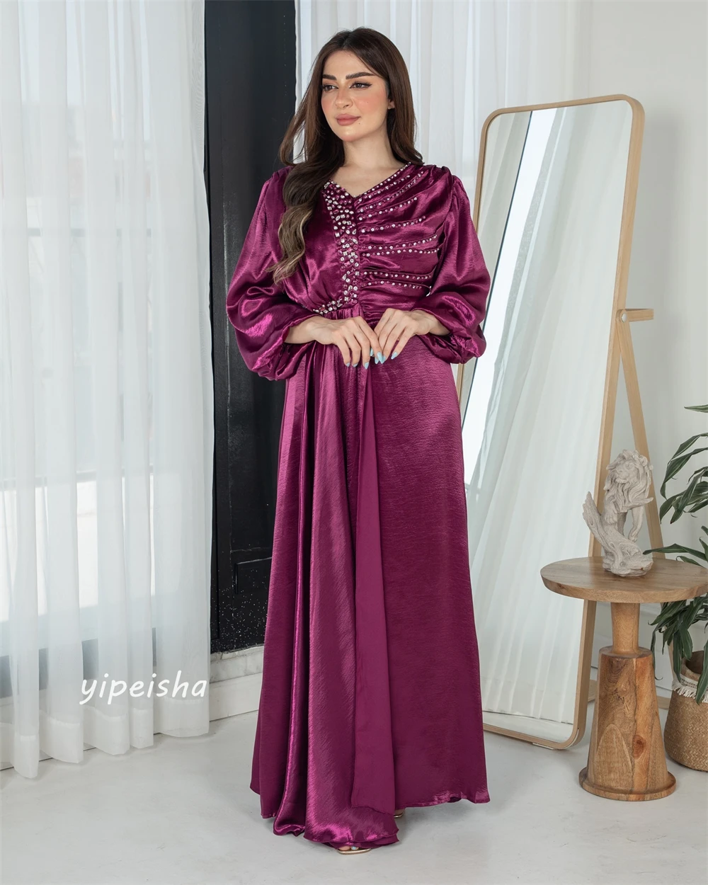 Robe Longue en Satin à Paillettes pour Femme, Vêtement avec Perles, Froncée, Ligne A, Col en V, sur Mesure, pour Occasions