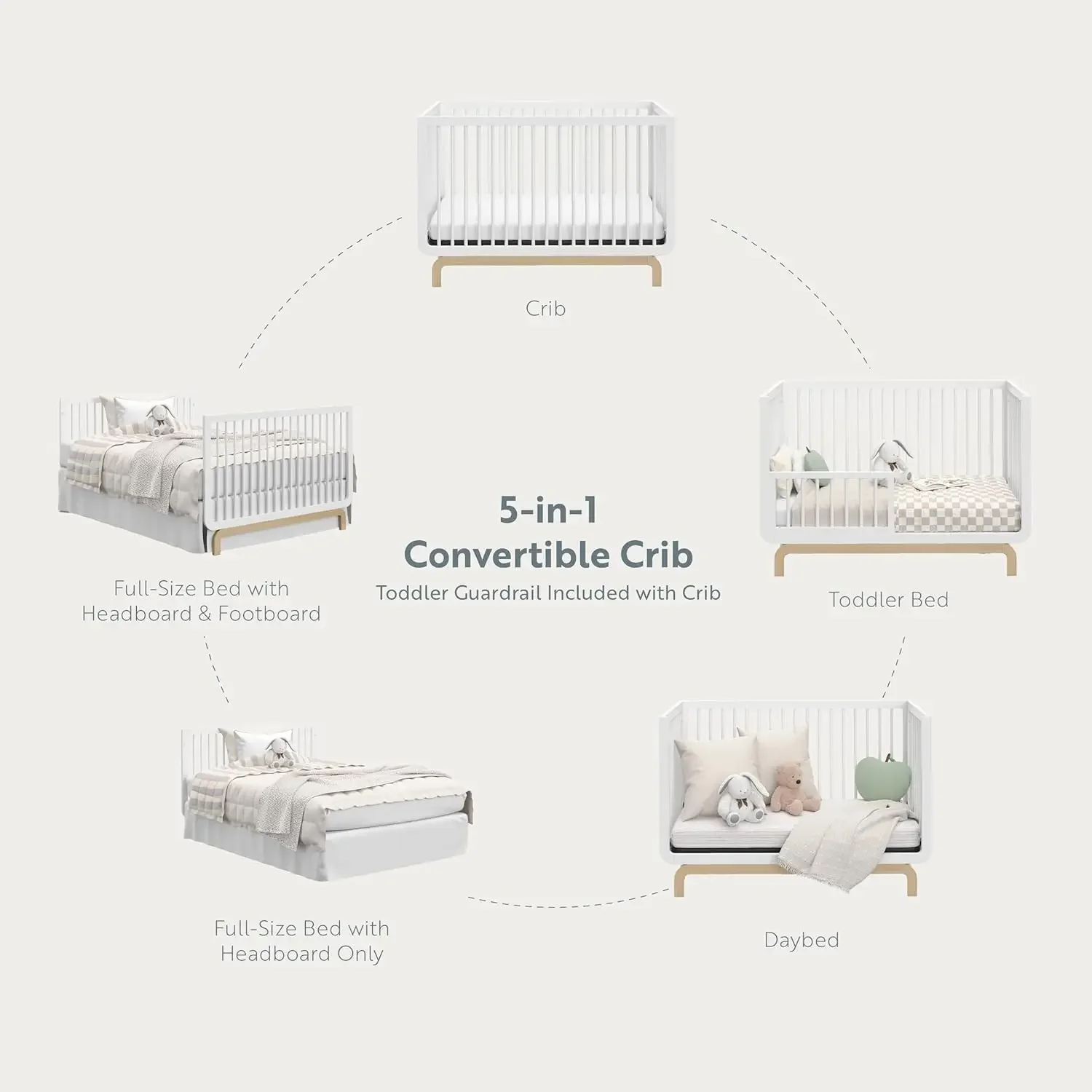 سرير سانتوريني ديلوكس 5 في 1 قابل للتحويل مع حاجز حماية للأطفال الصغار (أبيض مع خشب دريفتوود)، توصيل سريع #5
