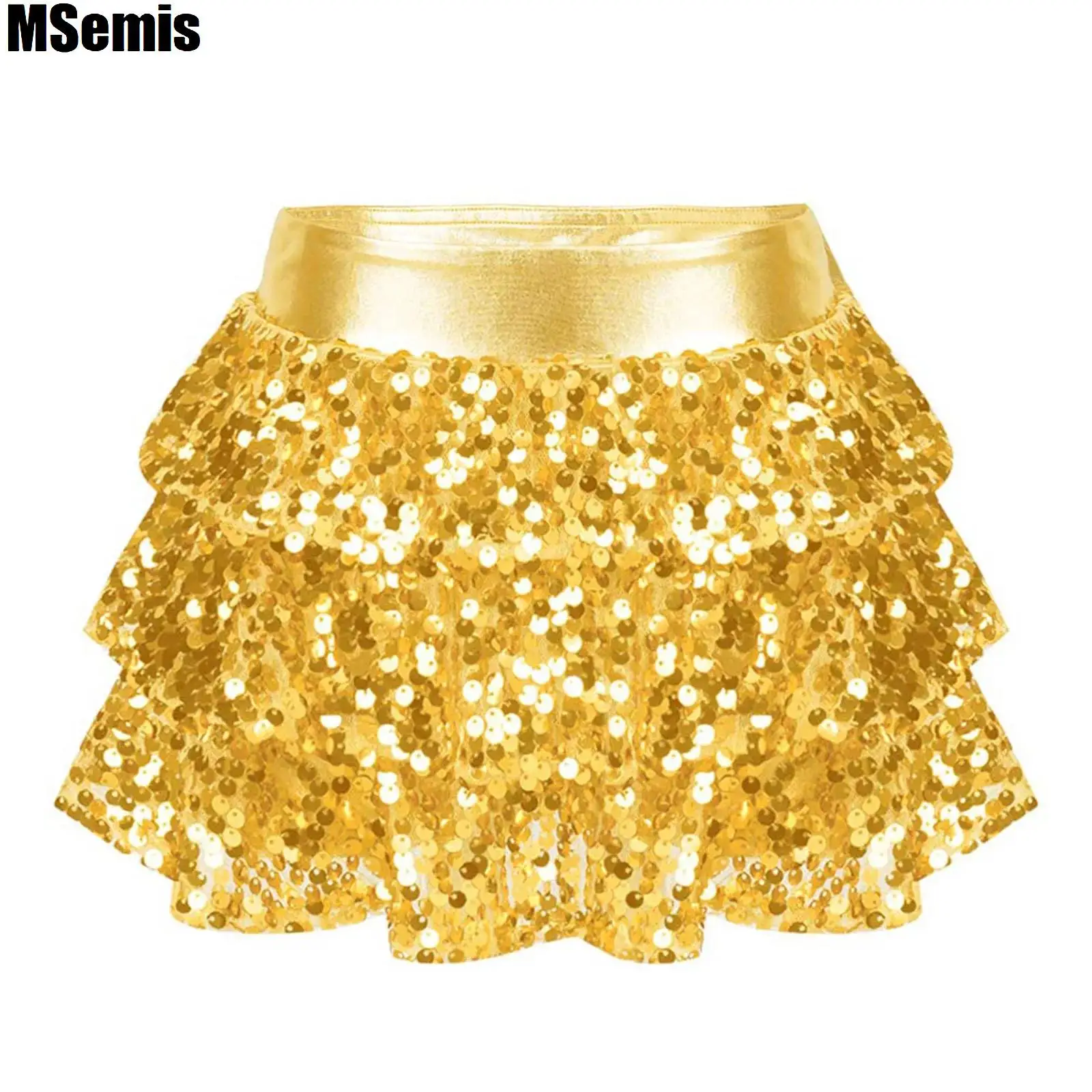 

Kids Girls Metallic Shiny Sequins Dance Skirt Tiered Ruffle Shorts Elastic Waistband Culottes Dance Stage Performance Costume