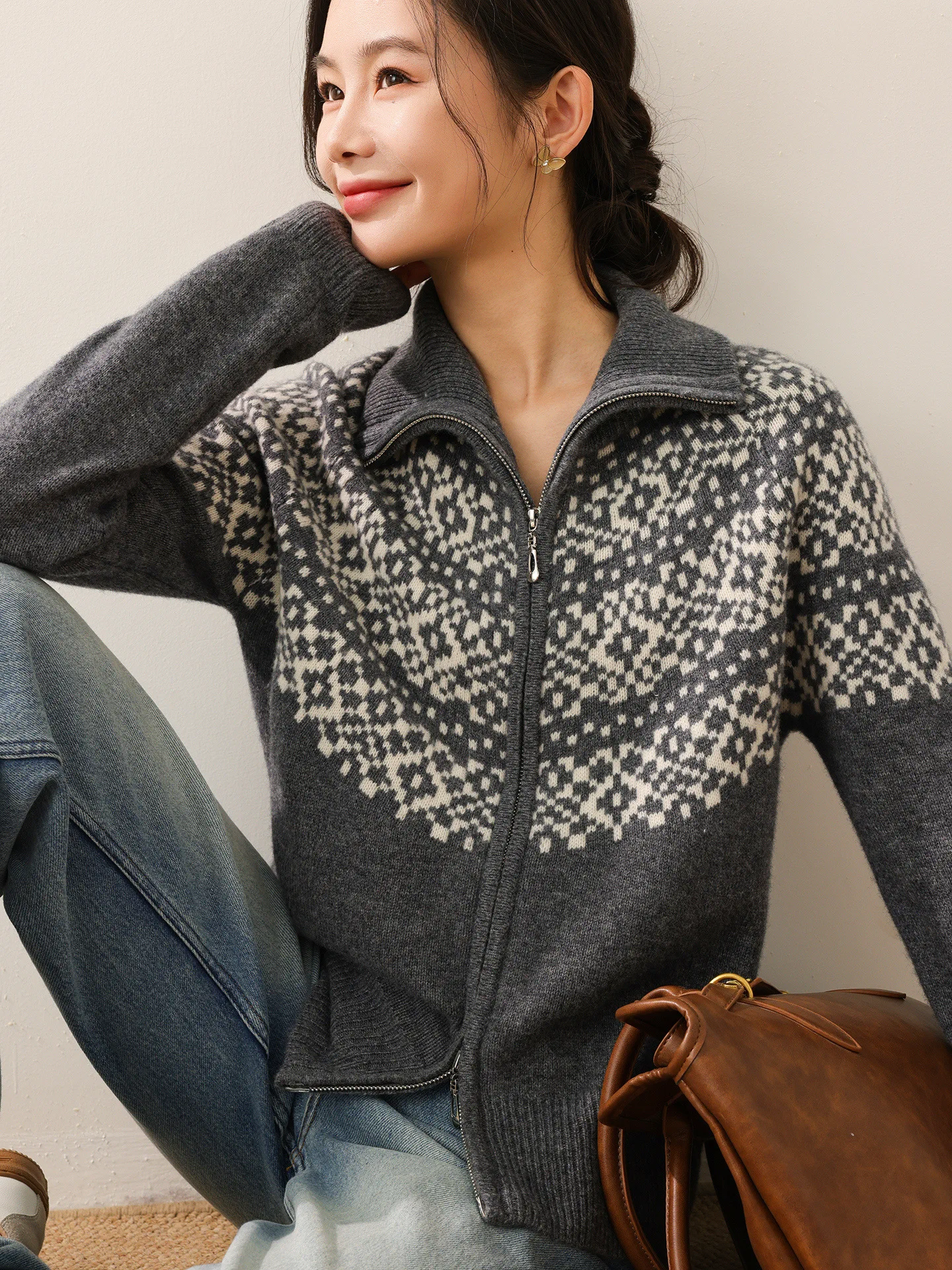 

100% Merino Wool Women's Cardigan Coat High Neck Jacquard Long Sleeves Color-Blocked Clothing Autumn Winter Thick Zipper Jacket