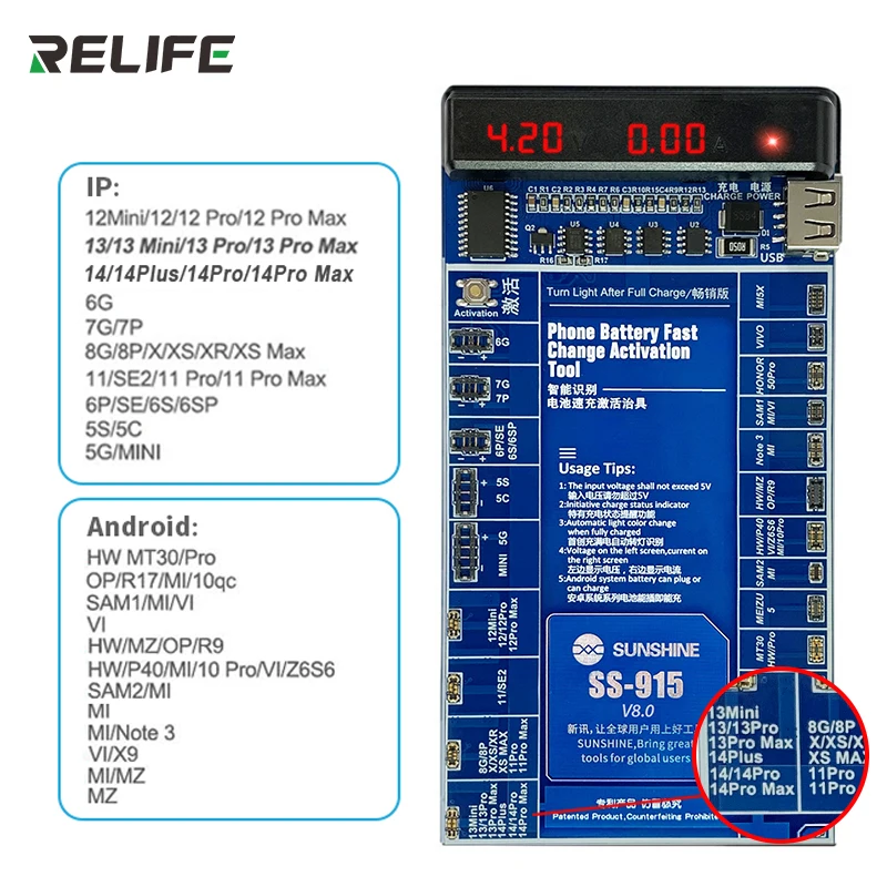 

SUNSHINE SS-915 Battery Activation Detection Board For iPhone 5G-14 Pro Max and Android Phone Fast Charging Test Fixture