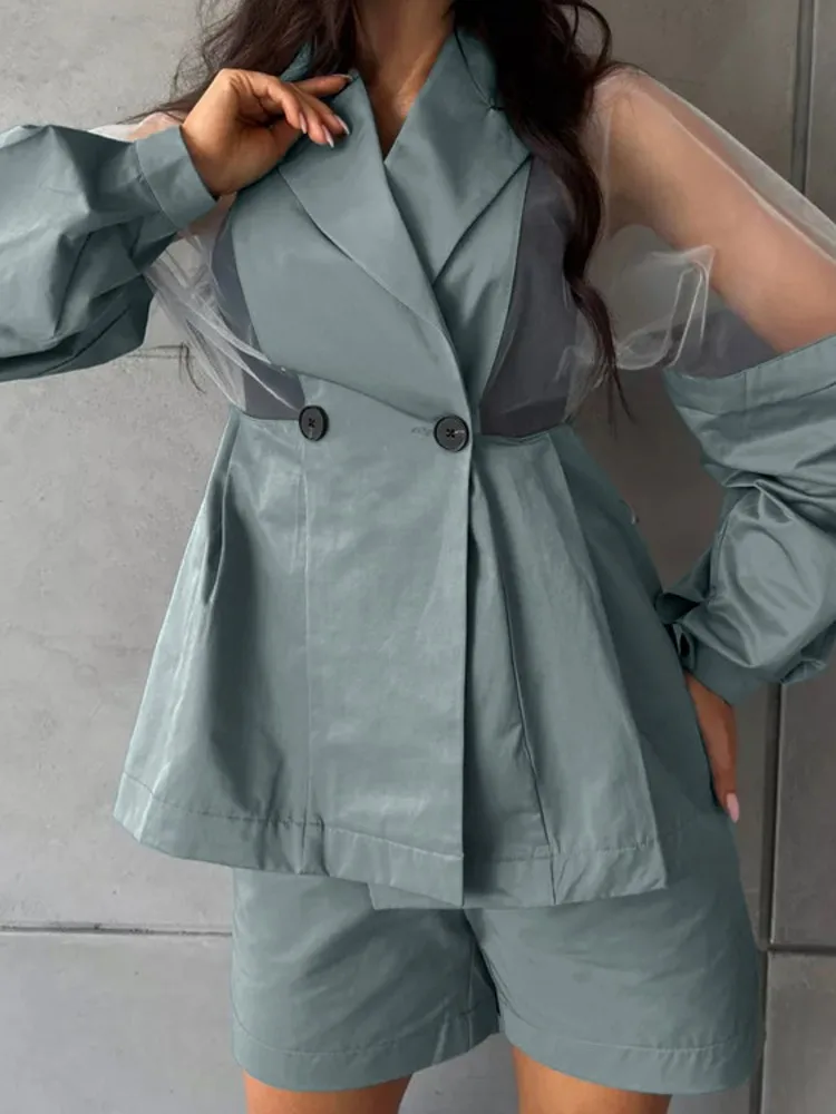 

Женские комплекты из 2 предметов, Новое поступление 2023 года, осенне-зимние одинаковые комплекты, сетчатый топ с длинными рукавами и шорты, костюмы, одежда