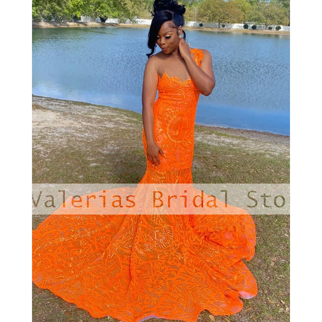 Sparkly Orange Mermaid Prom Dress Sleeveless Bling Sequined Formal Evening Party Gowns Court Train Robe De Bal Customized