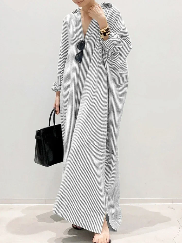 Streetwear Spring Summer Dress Striped Lapel Single-breasted Loose Oversized Long Sleeved Long Dresses for Women Clothing Robe