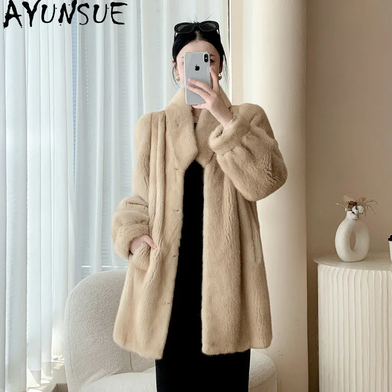 

AYUNSUE пальто из натурального норкового меха, женское пальто с шалевым воротником, средней длины, пальто из натурального меха, женская одежда, зима 2025 года, высокое качество, Abrigo Mujer