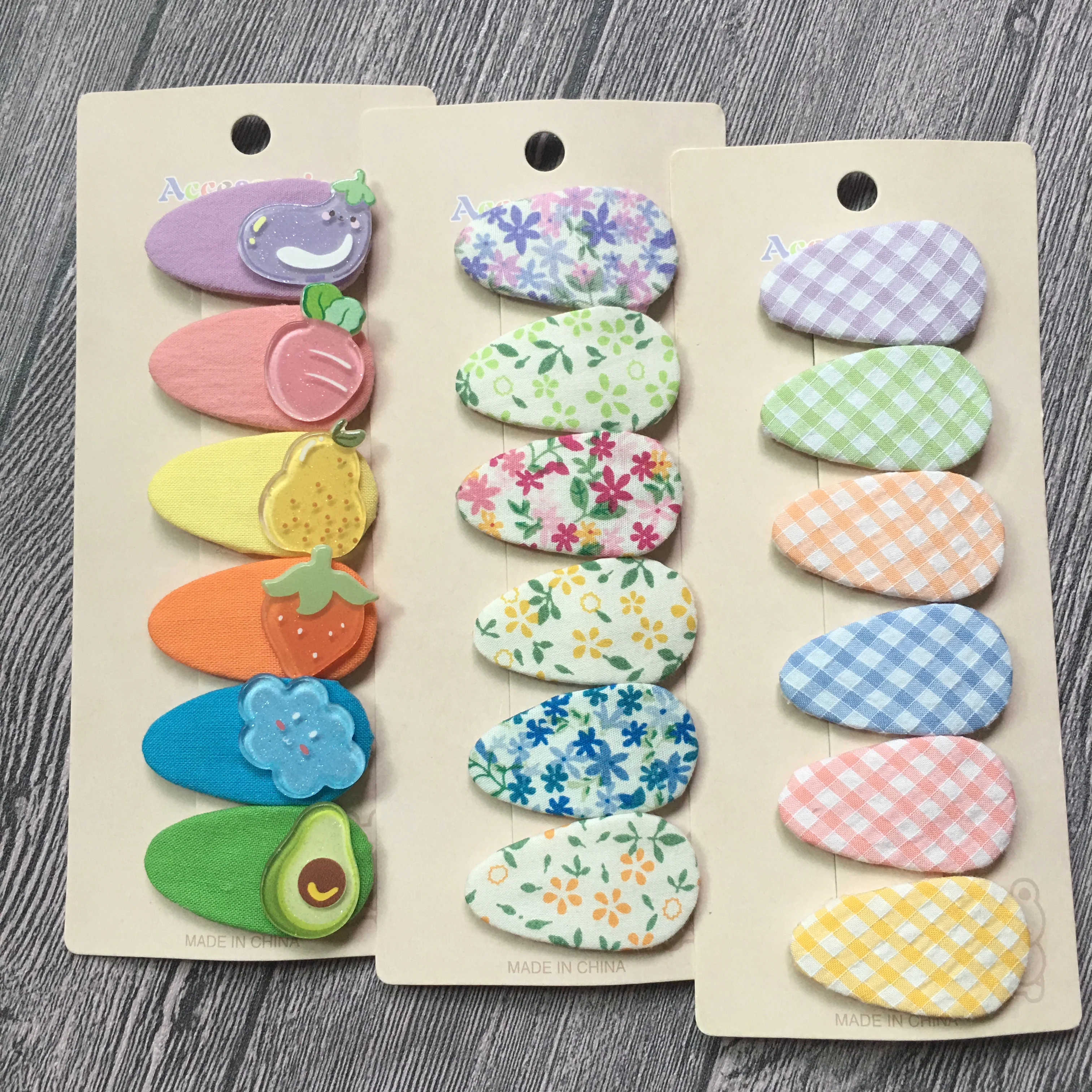 6Pcs/Set 4.5cm Flower Print Cotton Alloy Hair Bow Fruit Snap Clips Set Fabric Plaid Bobby Hairpins Hairgrips Baby Girls Headwear