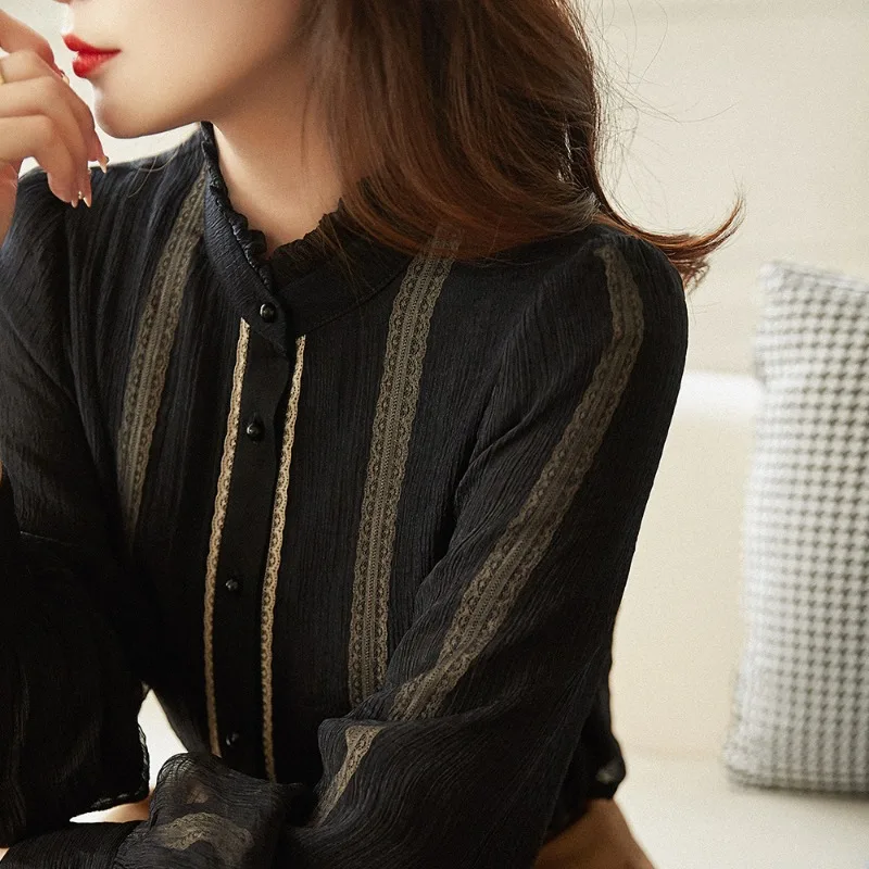 Autumn Clothes Standing Collar Patchwork Lace Button Blouse Gauze Single Breasted Fashion Casual Lantern Long Sleeve Women Shirt