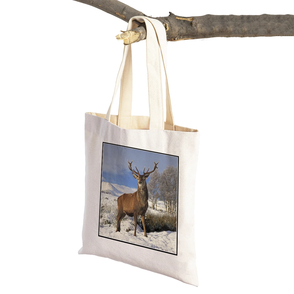 Casual Deer Pattern Women Canvas Shopper Bag Travel Tote Shoulder Handbag Wild Animal Canvas Foldable Reusable Lady Shopping Bag