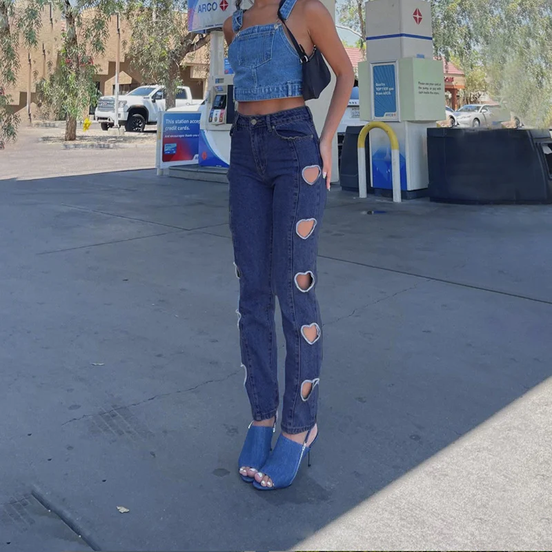 Casual Pants Summer Streetwear Y2K Heart-shaped High-waist Straight-leg Cut-out Ripped Jeans Women's Korean Slim-fit Trousers