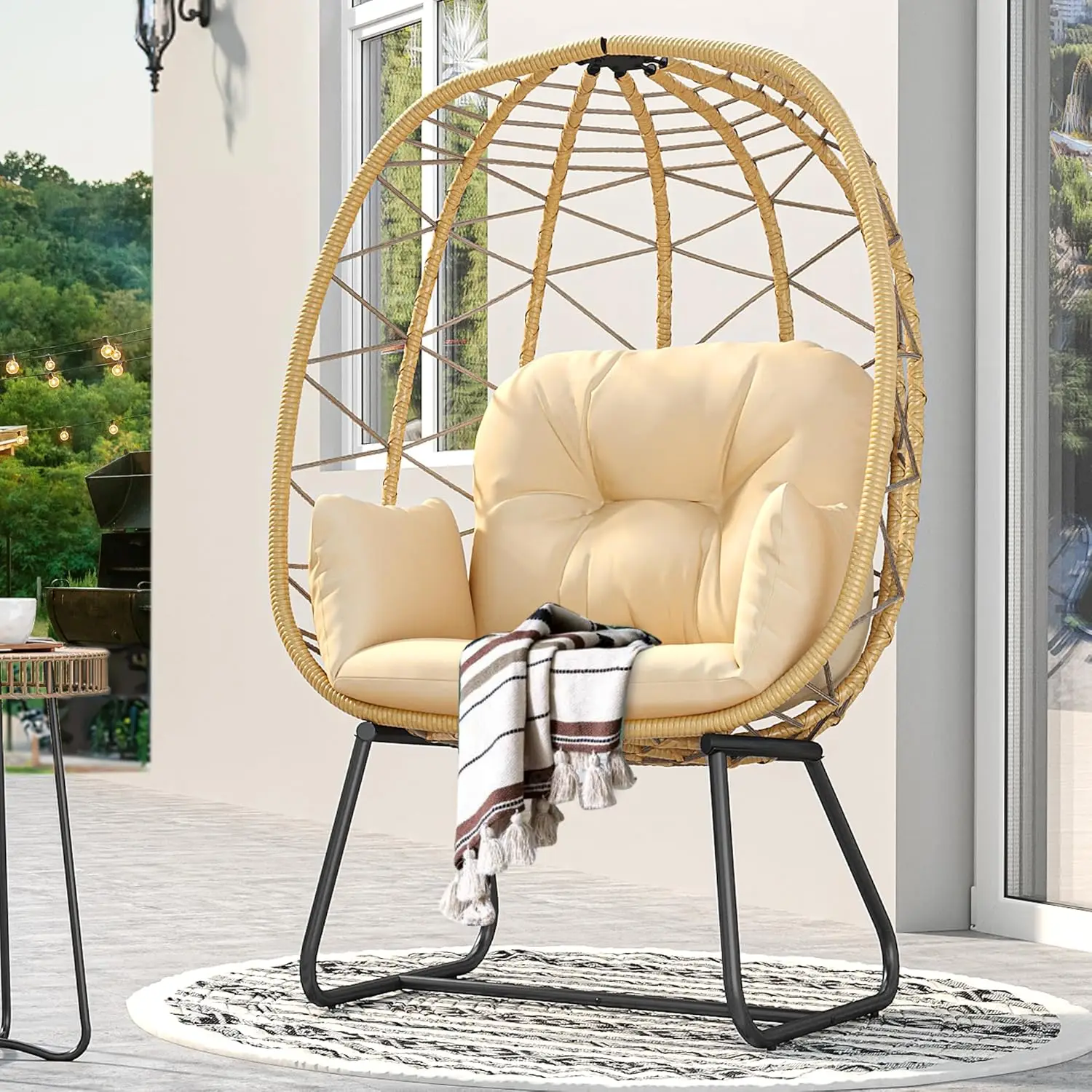 Silla para huevos con soporte, salón para huevos para interiores y exteriores con cojín, silla de mimbre, silla de ratán PE incluida para Patio, jardín