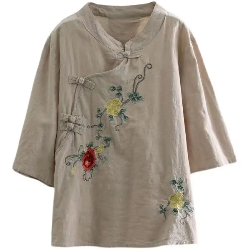 2023 Summer Vintage Round Neck Half Sleeve Chinese Style Shirt Women Slant Opening Frog Embroidered Temperament Cotton Hemp Tops