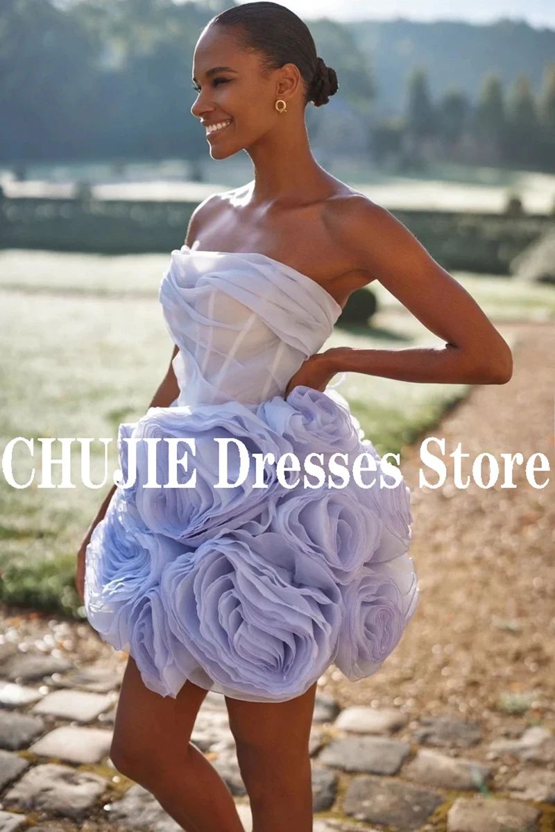 

3D Flower Organza Mini Women Prom Dresses Homecoming Dress Plus Size Lavender Strapless Corset Short Formal Wedding Party Gowns