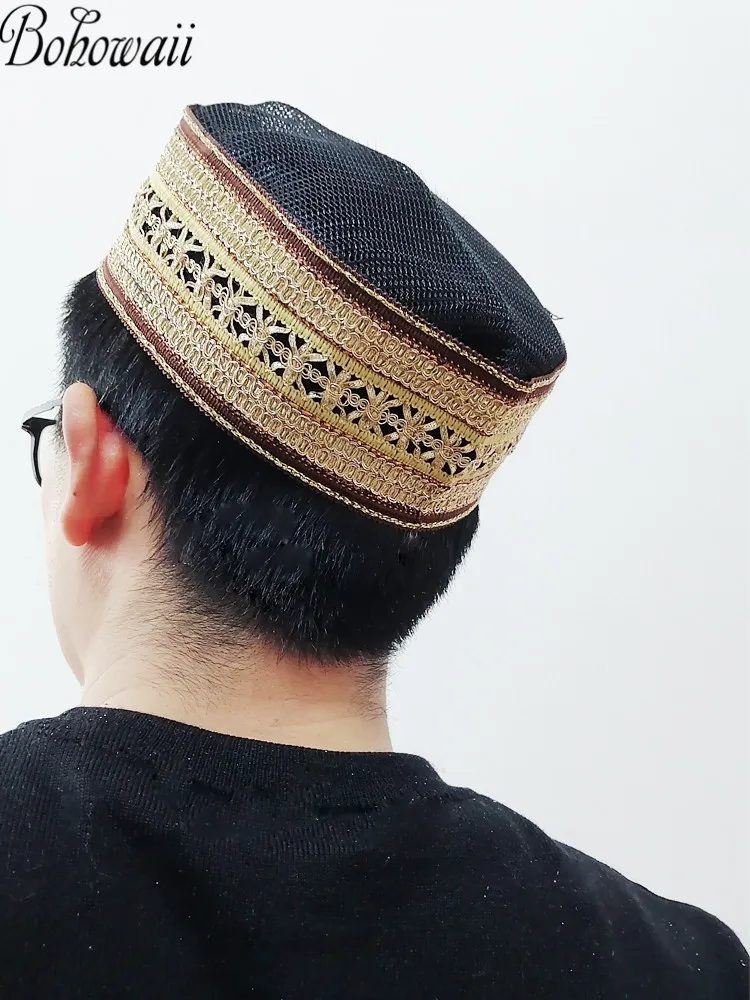 BOHOWAII Fashion Muslim Hat Islam Homme Kippahs Jewish Saudi African Kufi Prayer Bonnet Cap Summer Cool Beanie Headwear for Men