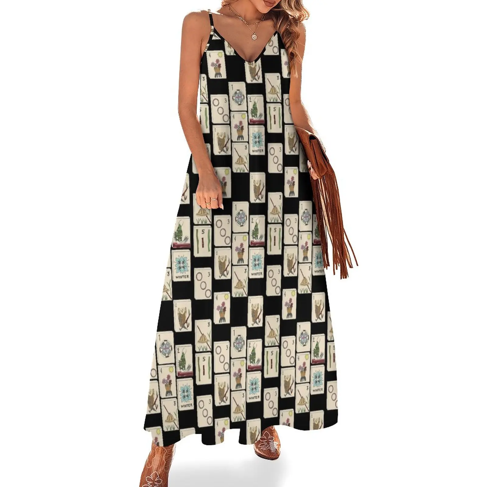 

Mahjong Majong Black Tile Pattern Sleeveless Dress Woman clothing Dress for girls