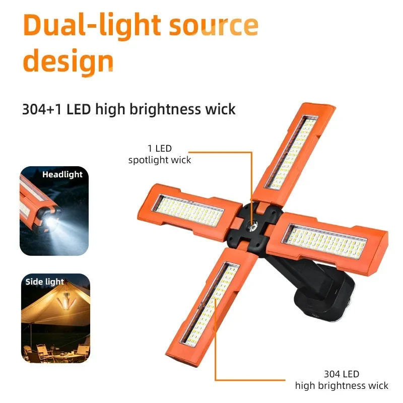 Multi-function outdoor camping light with digital display, foldable four-page design, and solar-powered camping light