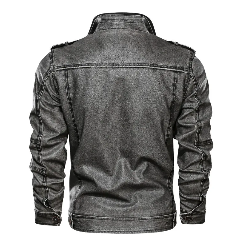 Chaqueta de cuero locomotora con múltiples bolsillos Retro para hombre, abrigo de cuero suelto informal