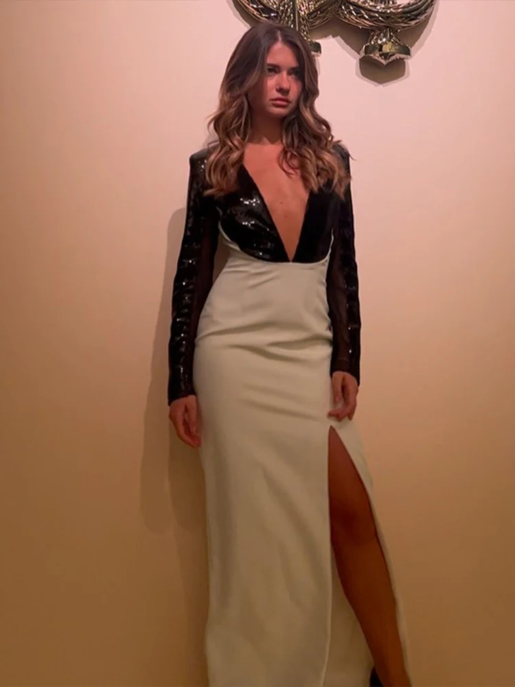Sisterlinda Klassische Sexy Patchwork Split Kleid Frauen Tiefem V-ausschnitt Pailletten Volle Hülse Elegante Abend Prom Party Dünne Bodycon
