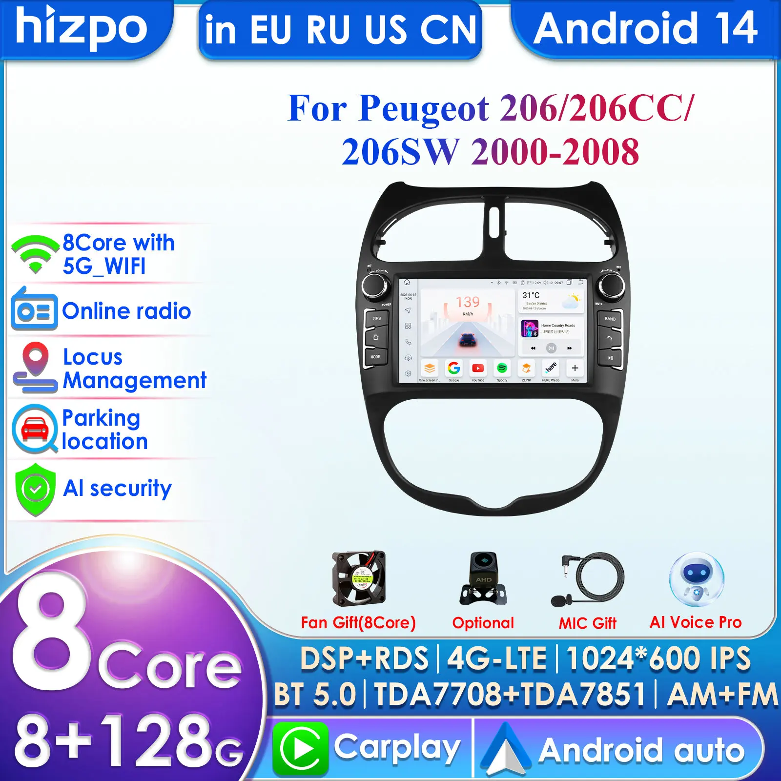 Autoradio Android 14 pour Peugeot 206 206CC 206SW, lecteur vidéo multimédia, Navigation GPS, Carplay QLED, écran tactile, stéréo automatique 8G