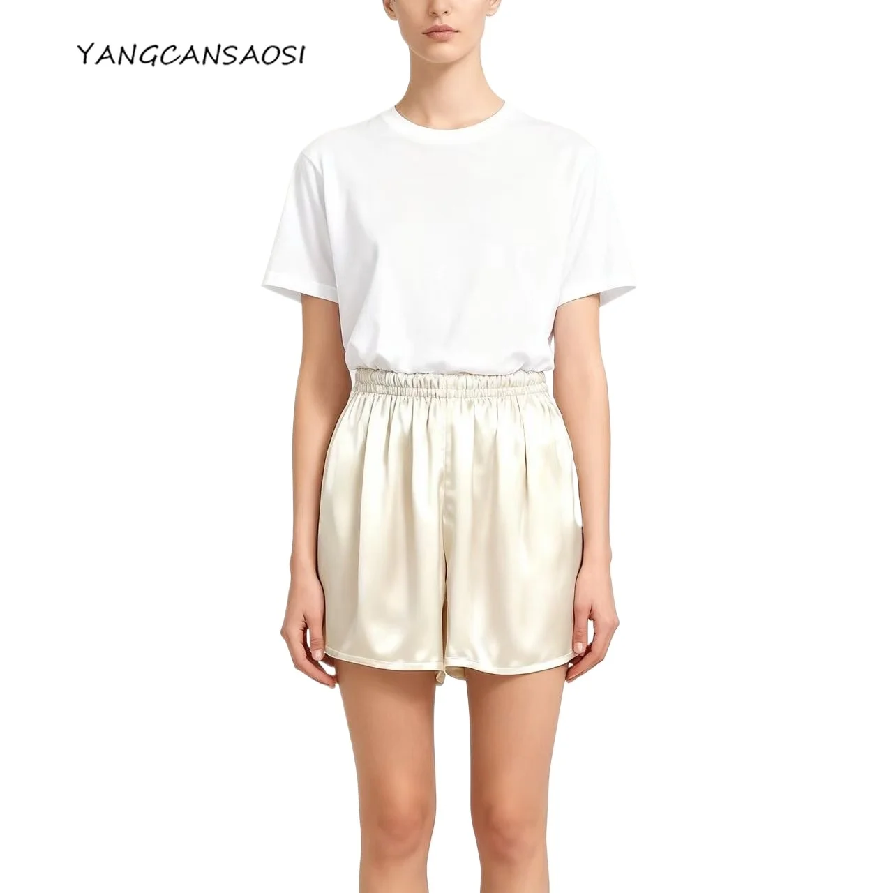 

2025 Women's Casual Summer New Style 100% Natural Mulberry Silk Satin Solid Elastic Waist Versatile Shorts Safety Pants