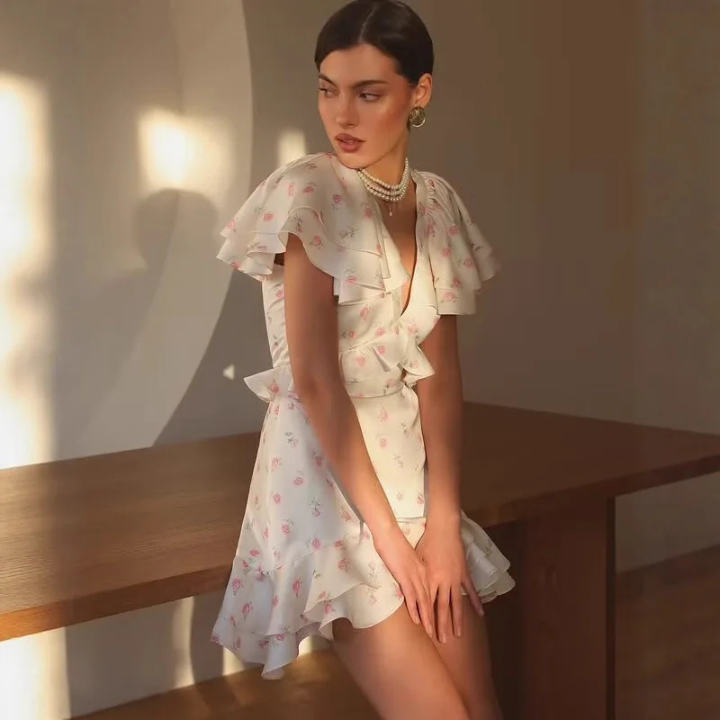 French Sweet Sheer Vibe Floral Mini Dress Deep V Wrap Bust Double Ruffle Sleeve Tiered Ruffle Hem Slim Casual Summer Outfit