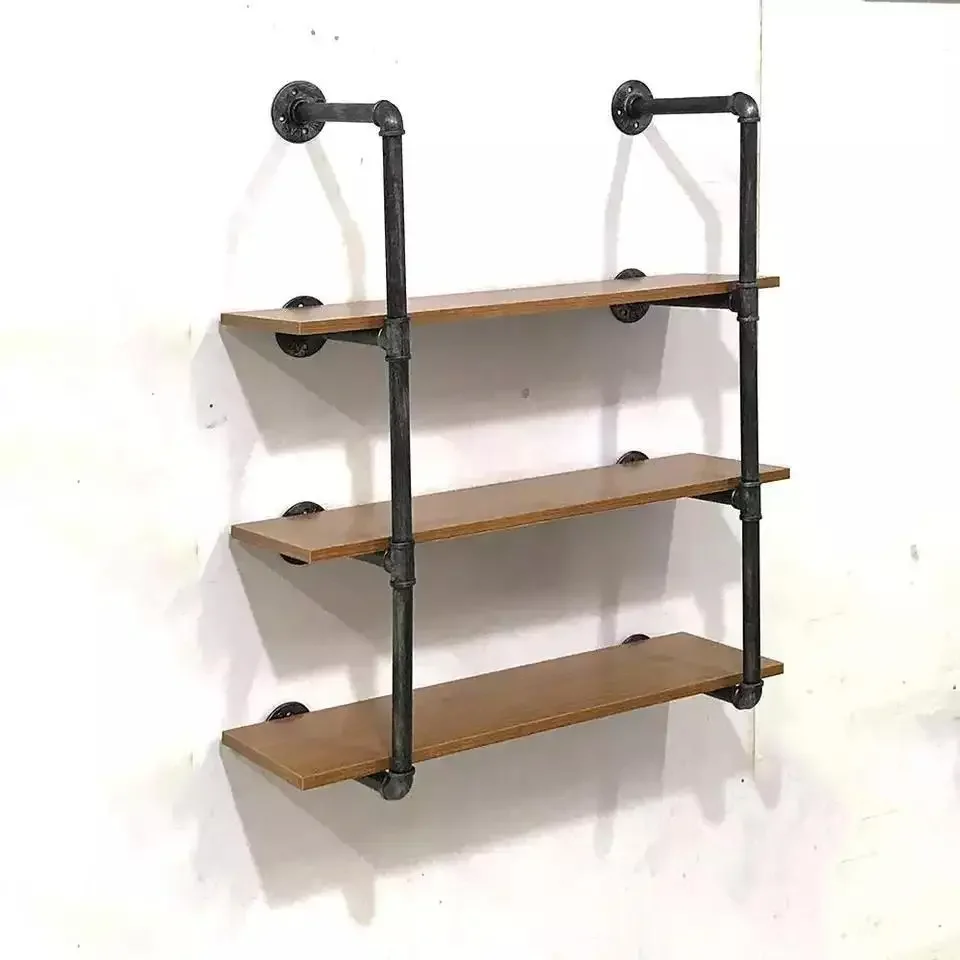 

Retro Black 3-Tier Rustic Wall Bookcase Wooden pipe Shelves Industrial Wall Shelf