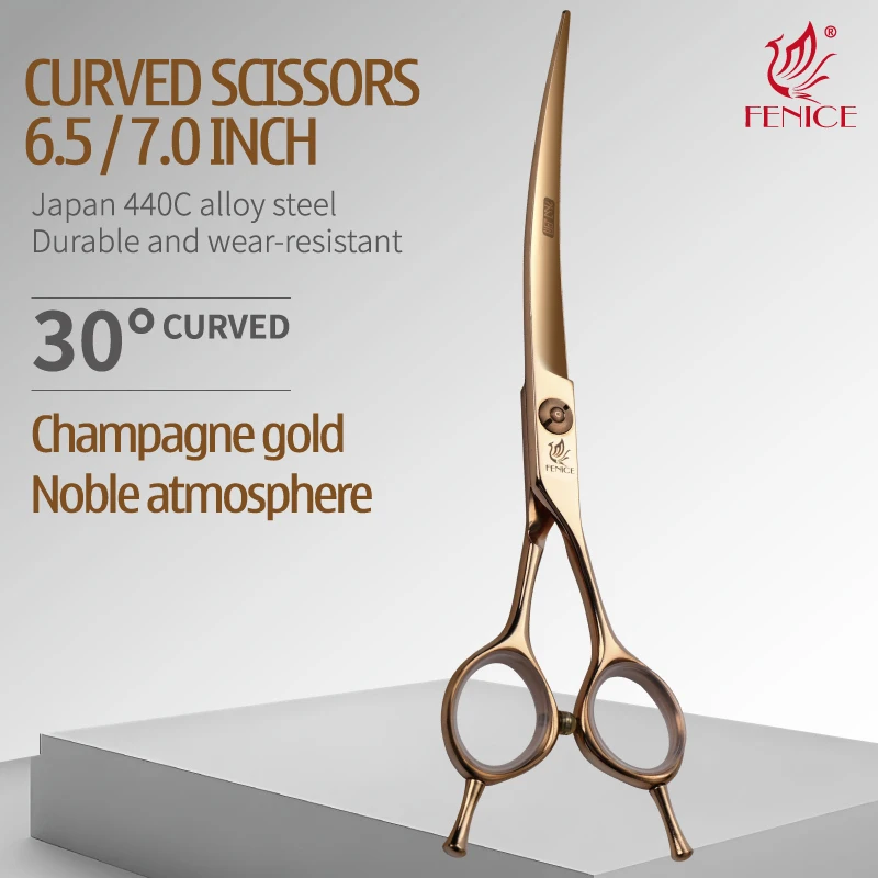 

Fenice HY Rose Gold 6.5/7.0 Inch 440C Pet Dog Grooming Routined/Serrated Curved Scissors for Trimming Round Head/Legs/Face Hair