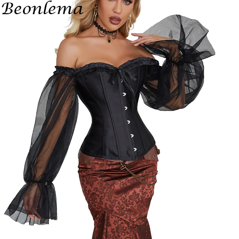 

Black Sexy Gothic Off Shoulder Lace Satin Bustier Top with Long Puff Sleeves Women Vintage Victorian Overbust Lace-Up Corset