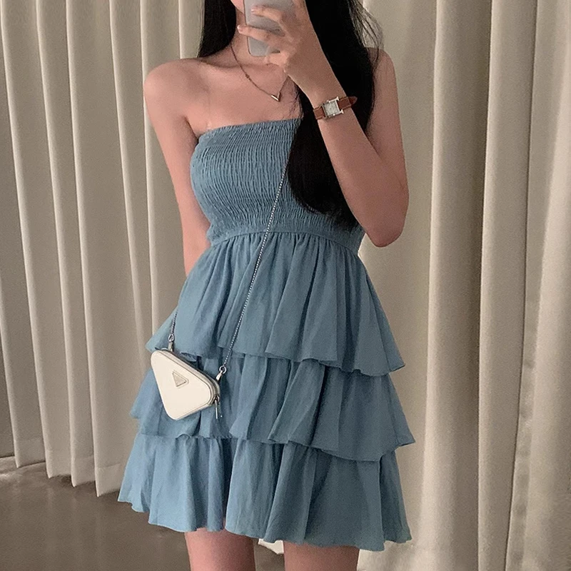 シックなレトロワンショルダー弾性痩身ソリッドカラースプライスケーキスカートスタイルの女性のドレス韓国ハイウエストショートスカート