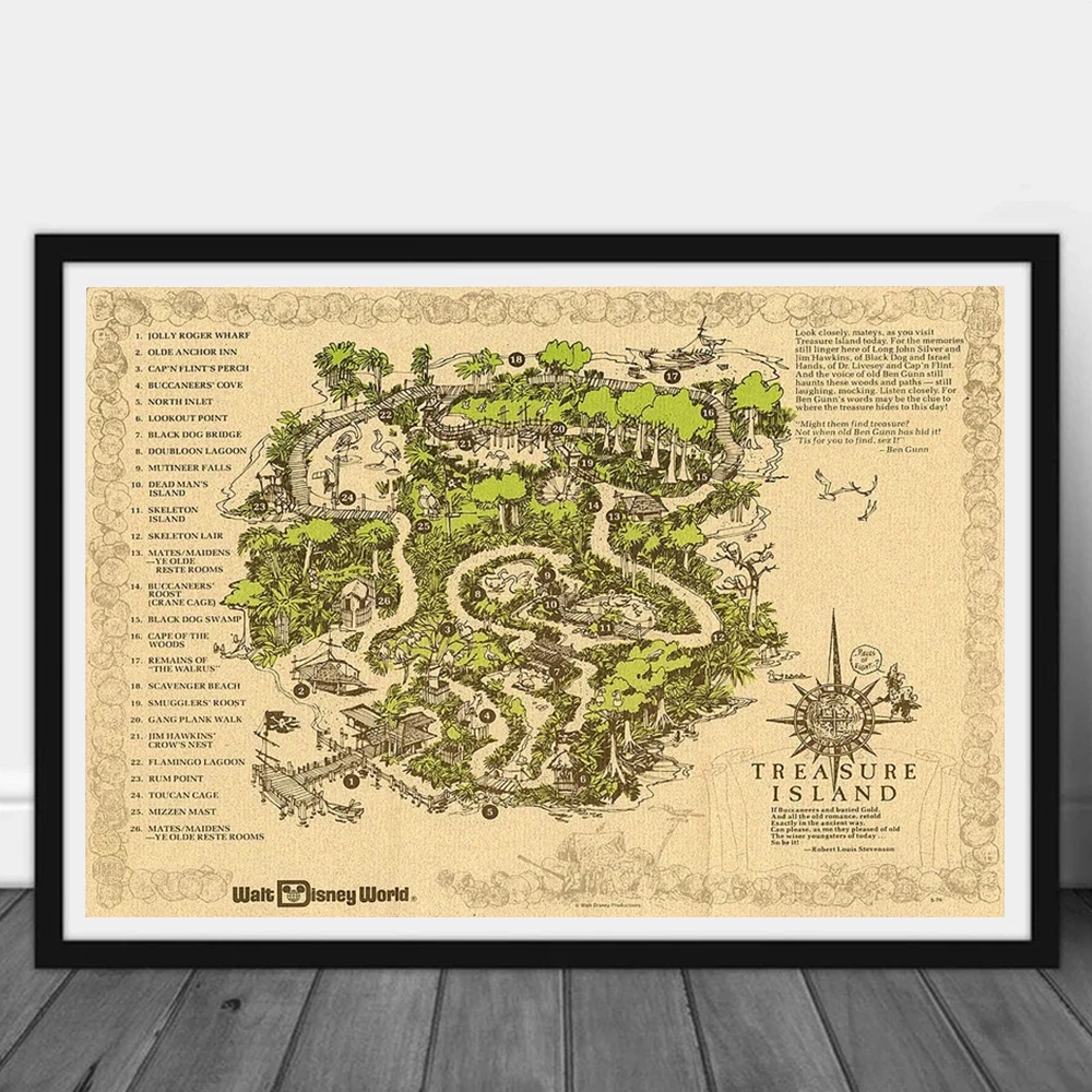 Disneyland Discovery Island Zoo Map Poster Prints Disney Pirates of the Caribbean Fort Wilderness River Canvas Painting Wall Art