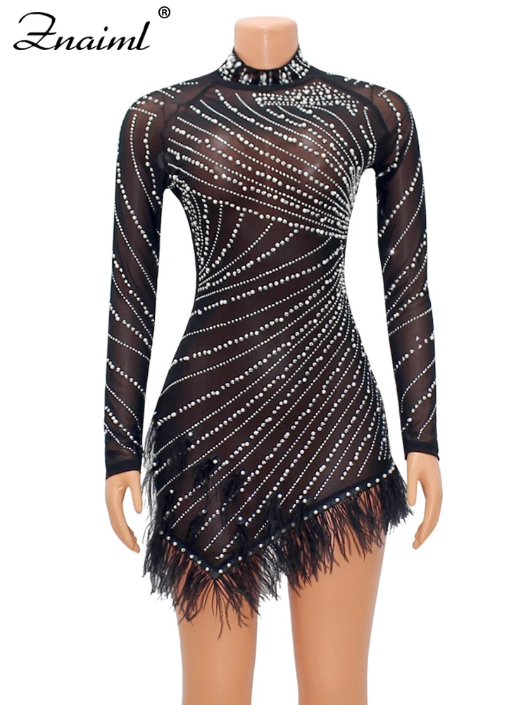 Znaiml Luxury 2023 Evening Celebrity Feathers Sheer Mesh Short Dresses for Women Sexy Pearls Rhinestones Party Birthday Vestidos