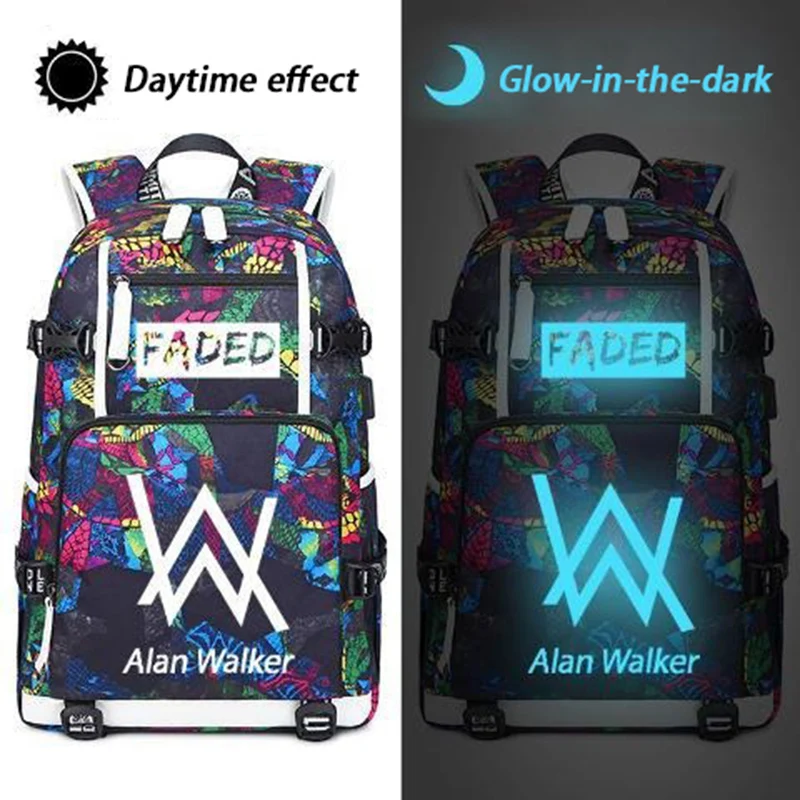 Malha respirável, com USB, brilham no escuro, preto laranja amarelo cinza, Alan Walker, AlanWalker, bolsas escolares, mochilas de anime para meninos e meninas