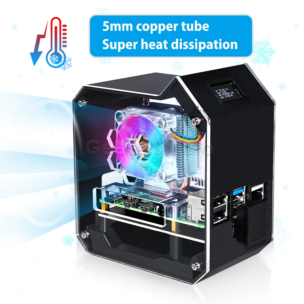 Nieuw! Abs Mini Tower Enlosure Case Rgb Programmeerbare Fan Met M.2 Sata Ssd Adapter Board Nas Kit Shell Voor Raspberry Pi 4 B