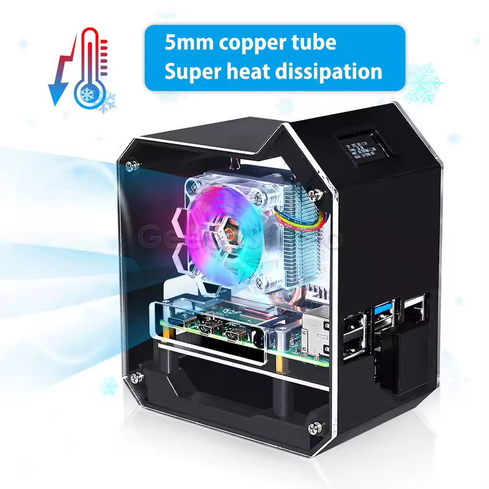 Novo! Mini caixa de fechamento de torre abs, ventilador programável rgb com placa adaptadora m.2 sata ssd, kit nas para raspberry pi 4 b