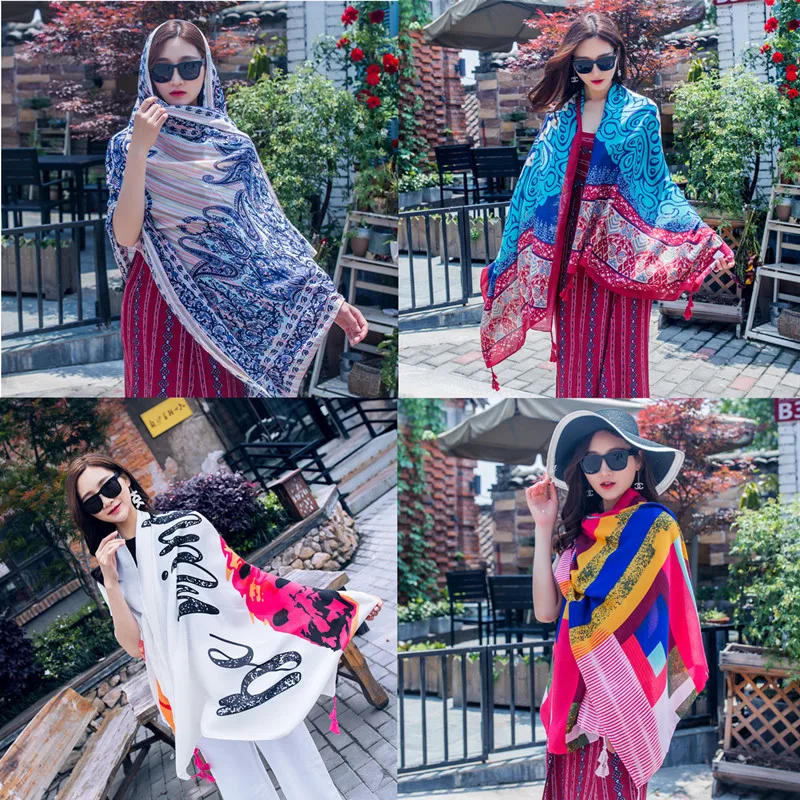 2023 New Summer Cotton and Linen Scarf Travel Silk Scarf Sunscreen Large Shawl Female Seaside Beach Towel Ethnic Style Scarf