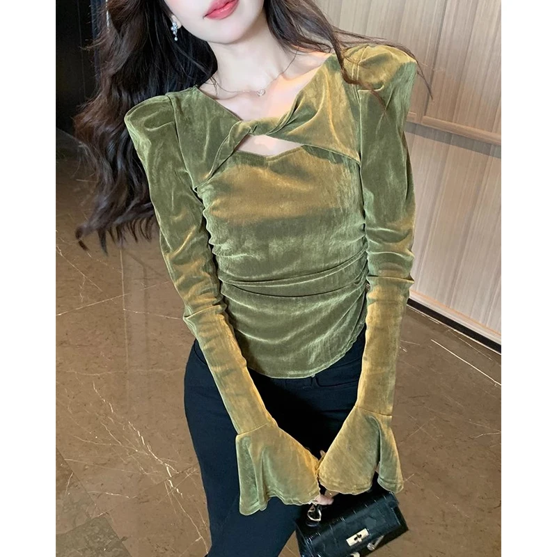 

Flare Sleeve Velvet Sexy Short T Shirts Spring Autumn New Pleated Solid Elegant Short Tops Vintage Temperament Women Clothing