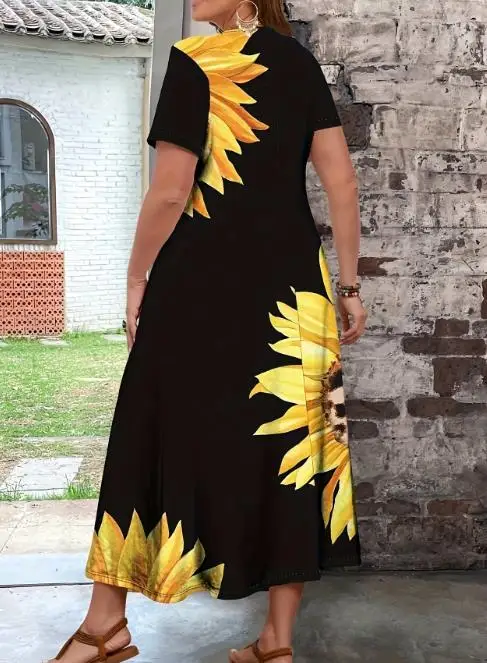 2025 A-lijnjurk met V-hals, zonnebloemprint, hoog getailleerde a-lijnjurk voor zomer, grote maten dames, elegante en casual losse jurk met korte mouwen