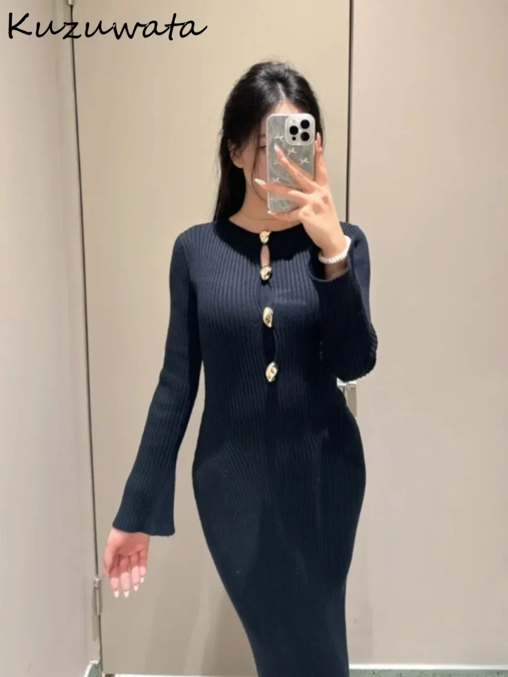 Kuzuwata Feminine Slim Fit O Neck Flare Sleeve Mujer Knit Button Mermaid Mid-length Robe Japan Minority Hong Kong Style Dress