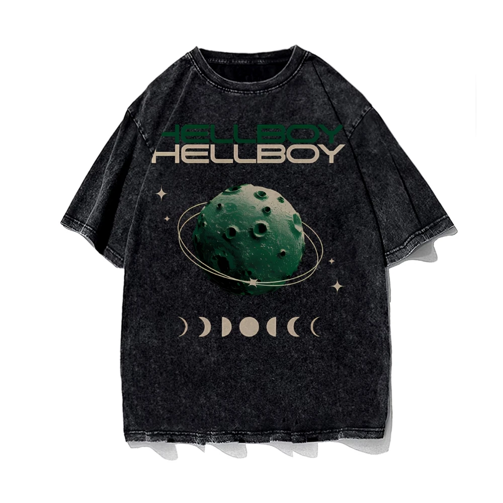 

Graphic Tee Hellboy Planet Oversize Tee Premium Cotton High-Quality Oversize Washed Tee Planet Moon Print, Retro Y2K Style