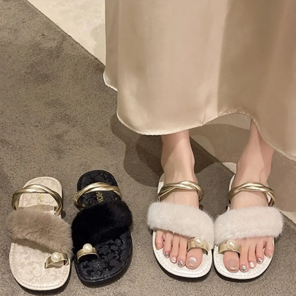 

Sweet French Plush Slippers Casual Fluffy Plush Sandals Slippers Anti-slip Pearl Slide Slippers Summer