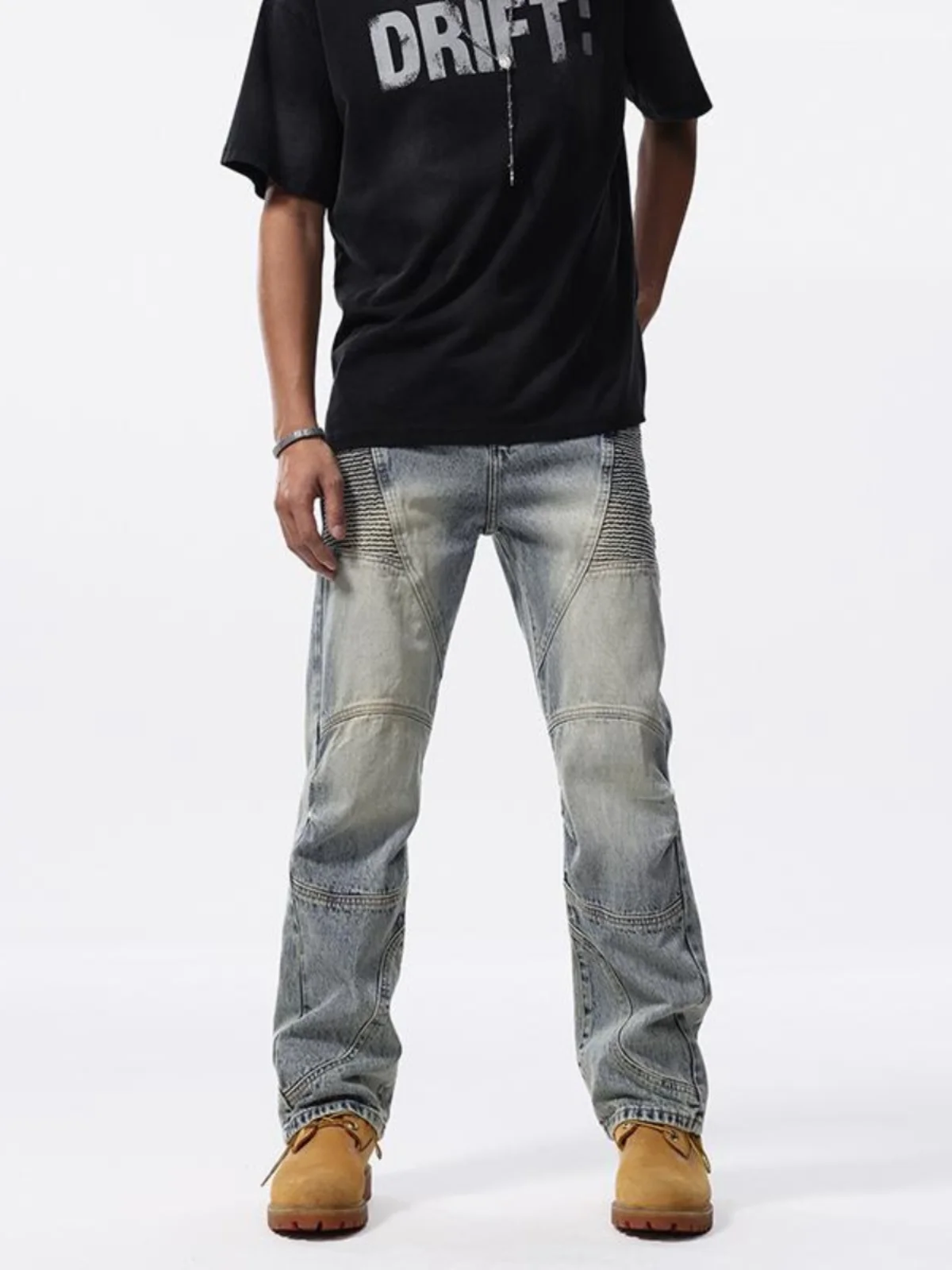 

American High Street Design Punk Motorcycle Loose Straight Leg Jeans for Men Trendy Brand Cool Street Sle Patchwork Pants