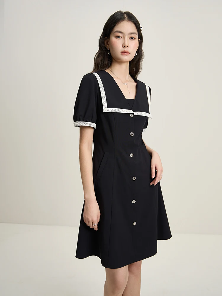 DUSHU【2 Colors】Women Puff Sleeves Navy Collar Knee-Length Dress 2024 Summer New High Waist Green Zipper Dress 24DS82267