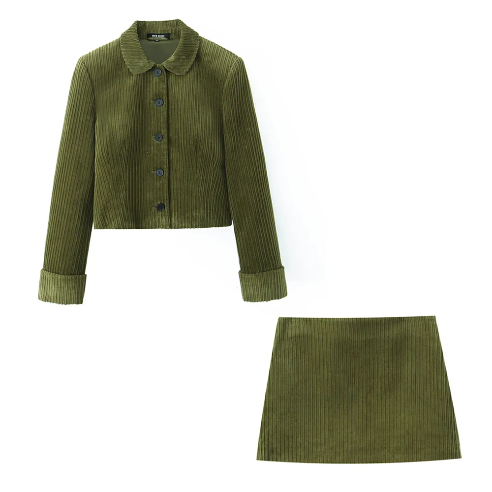 

BM&MD&ZA Spring 2025 Women's Fashion Corduroy Two-Piece Set with Collar Long Sleeve Coat And High Waist Skirt Versatile Style