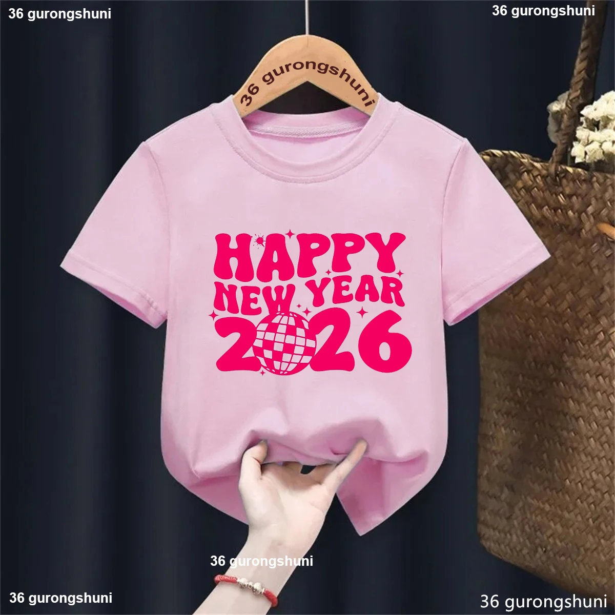 Pink Tshirt For Hello 2026 Happy New Year T-shirt Boys Girls Kids Baby Clothes Holiday Party Gfit Harajuku Short Sleeve Top Tee