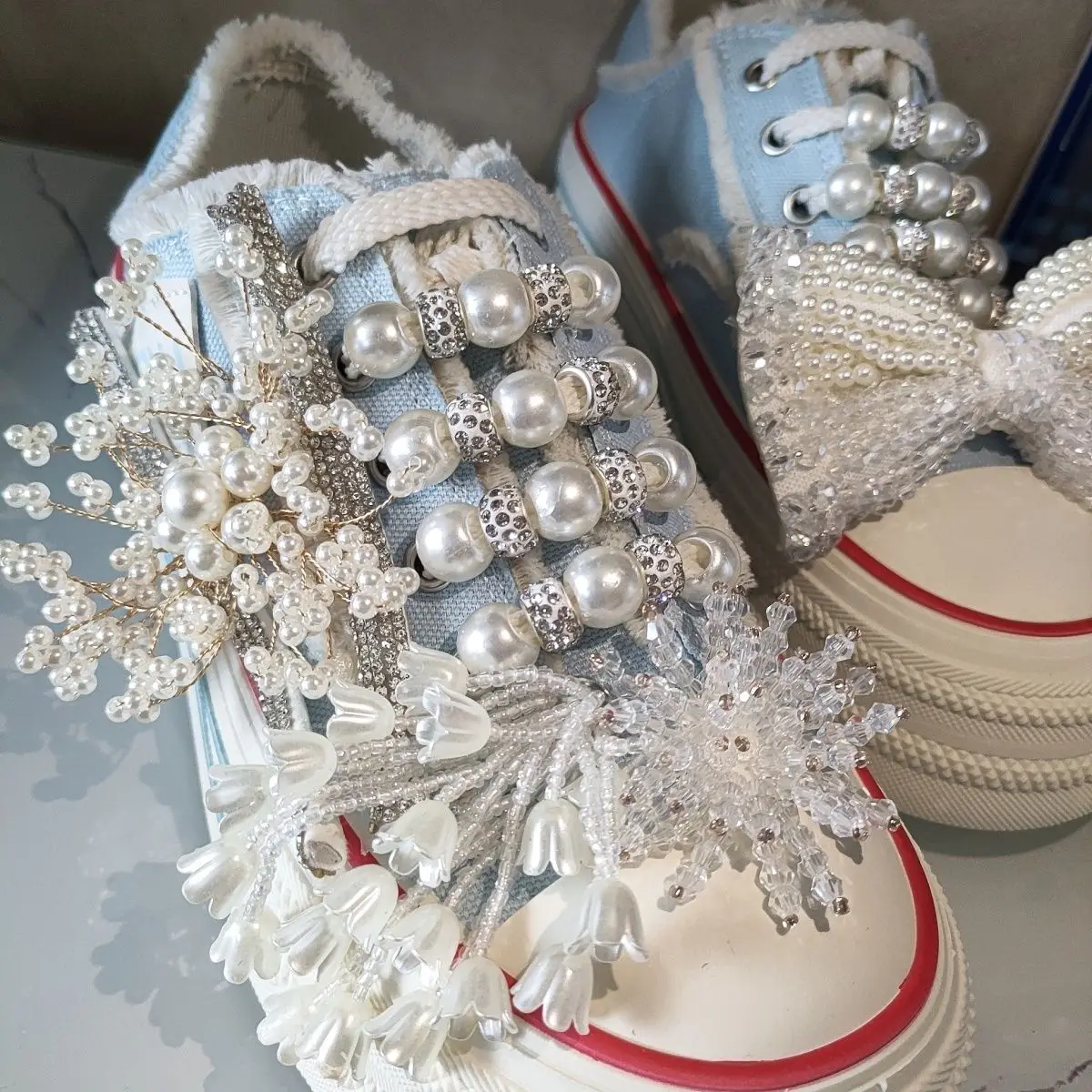 

Women's 3D Floral Pearl Rhinestone Fringe Frayed Edge Platform Canvas Sneakers Lace Up Cute Wedding Casual Footwear Free Gift