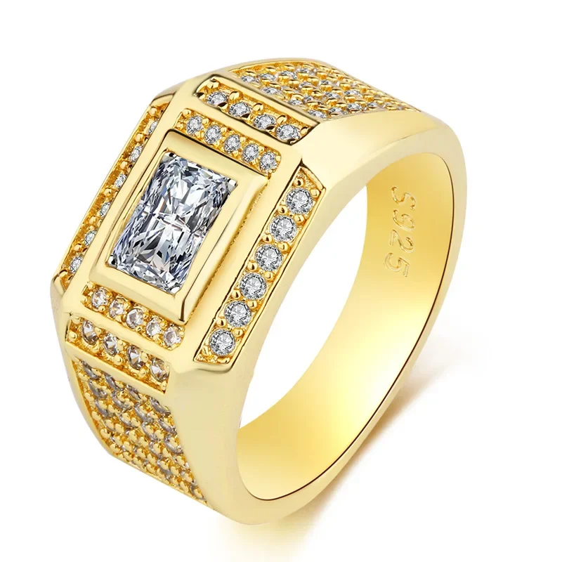 Big Size Natural 18K Gold plated Rings for Men Sona Tile Diamant Engagement Rings Cubic Zirconia Wedding Rings Men Jewelry