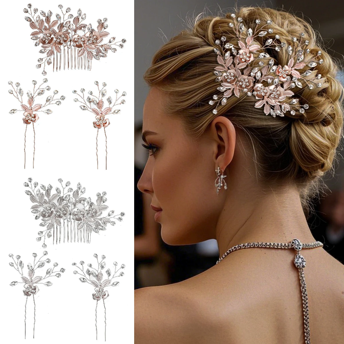Mode Legierung Rose Kristall Blume Kamm Set Braut Grand Schmuck Haar Clip Kopfschmuck Exquisite Handgemachte Blatt Haarnadel Für Frauen
