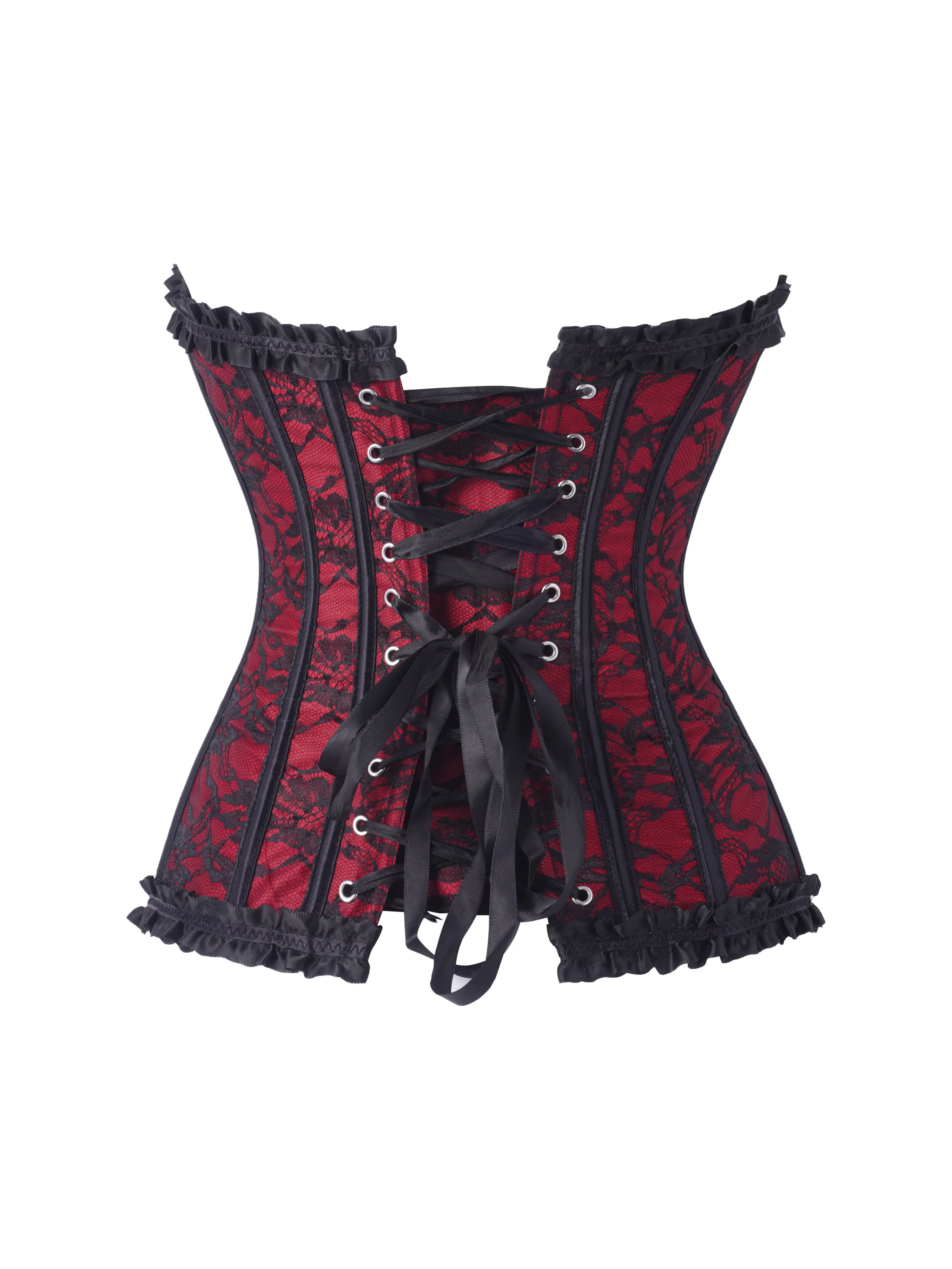 Women's Red Base Black Lace Corset Strapless Sweetheart Front Hook Back Satin Lace Up - view 2