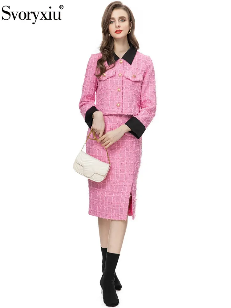 

Svoryxiu Autumn Runway Vintage Pink Color Skirt Suit Women's Long Sleeve Pockets Jacket+Regular Waist Package Buttocks Skirt