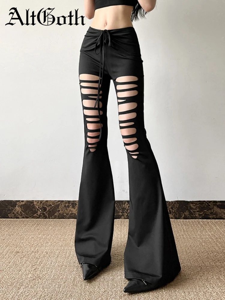 AltGoth Harajuku Sexy Punk Flare Pants Women Streetwear Dark Gothic Cyber Punk Y2k Grunge Emo Hollow Out Lace-up Low Waist Pants